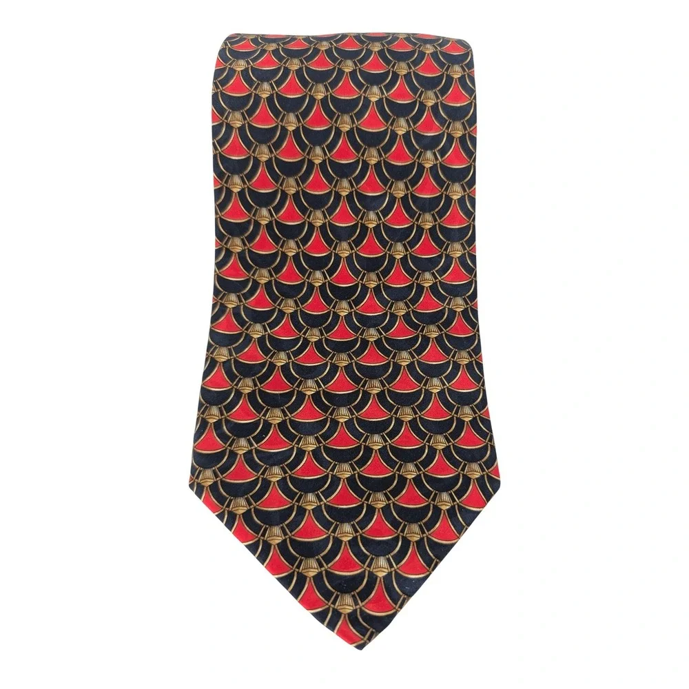 Lanvin Paris Silk Necktie Mens VTG Red Blue Gold Art Deco Scallop Made in France
